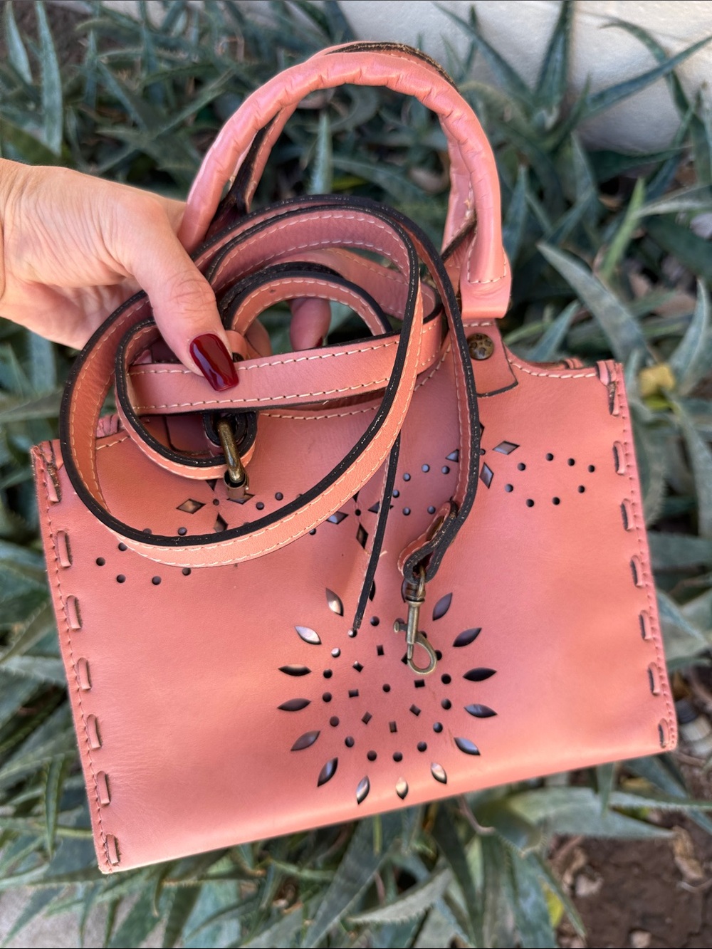 Patricia Nash Pebbled Cutout Satchel in Warm Tan